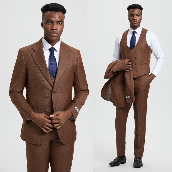 Stacy Adams Sharkskin 3pc Suit w/ Expandable Waistband, Browned Cognac